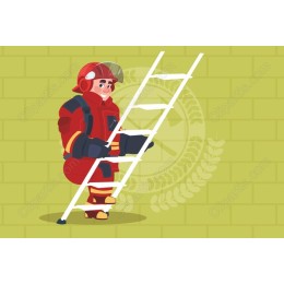 Cheerful Firefighter Climbing Ladder