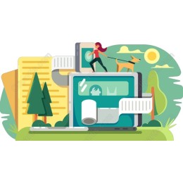 Modern Lifestyle: Woman Walking Dog in Digital Landscape