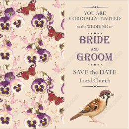 Floral Wedding Invitation with Pansies and Sparrows