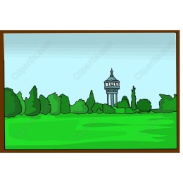 Lush Green Landscape with Historic Water Tower