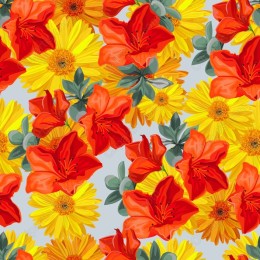 Vibrant Floral Pattern: Red Azaleas and Yellow Daisies