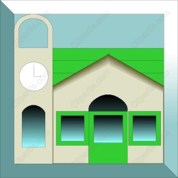 Stylized Building with Clock Tower and Green Roof