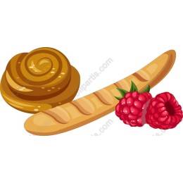 Bakery Delights - Cinnamon Roll, Baguette, and Raspberries