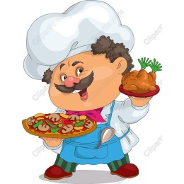 Cheerful Chef with Pizza and Roast Chicken
