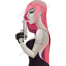 Fierce Pink-Haired Character with Gun