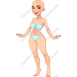Cheerful Bald Female Character in Aqua Bikini
