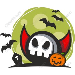Spooky Halloween Skull with Bats and Pumpkin