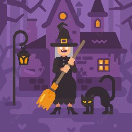 Whimsical Halloween Witch and Cat