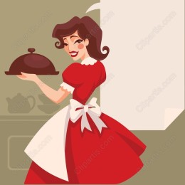 Charming Vintage Serving Woman in Red Dress