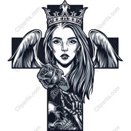 Gothic Angel - Crowned Woman with Wings and Rose