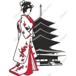 Japanese Geisha in Kimono with Pagoda