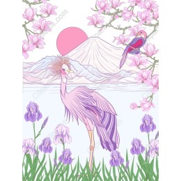 Majestic Crane and Floral Landscape
