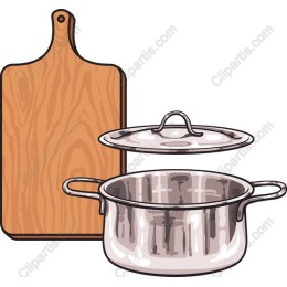 Rustic Kitchen: Stainless Steel Pot & Wooden Cutting Board