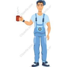 Cheerful Young Man in Overalls with Mug