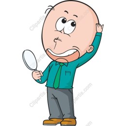 Cheerful Bald Character with Magnifying Glass