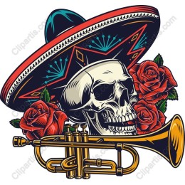 Sombrero Skull with Roses and Trumpet