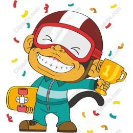 Cheerful Monkey Skateboarder with Trophy