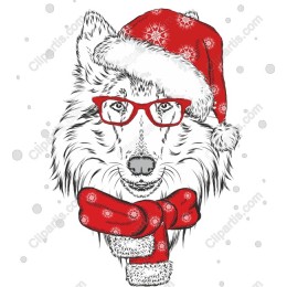 Holiday Wolf with Santa Hat and Scarf