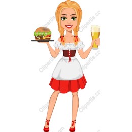 Cheerful Waitress with Hamburger and Beer