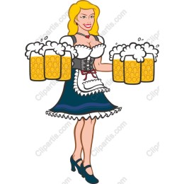 Cheerful Barmaid with Beer Mugs