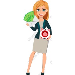 Confident Businesswoman with Cash and Piggy Bank