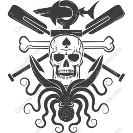 Fierce Pirate Skull with Octopus and Shark