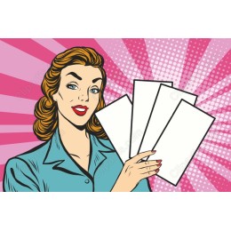 Retro Pop Art Woman Holding Blank Cards