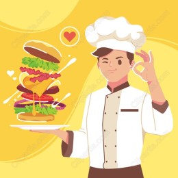 Cheerful Chef with Towering Burger