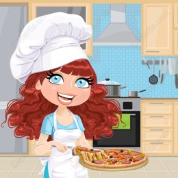Cheerful Chef with Pizza in Kitchen