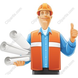 Cheerful Construction Worker with Blueprints