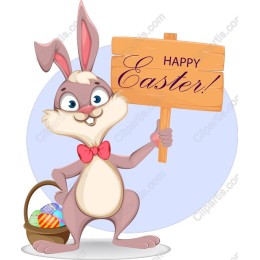 Cheerful Easter Bunny with Sign and Basket of Eggs