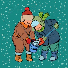 Joyful Winter Play: Children Snow Gathering