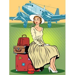 Retro Woman with Luggage and Airplane