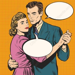 Retro Couple Embracing Pop Art with Speech Bubbles
