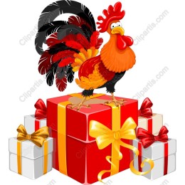 Vibrant Rooster Celebratory with Gift Boxes