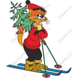 Skiing Cat with Christmas Tree