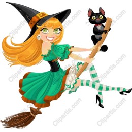 Vibrant Witch Riding Broom with Black Cat