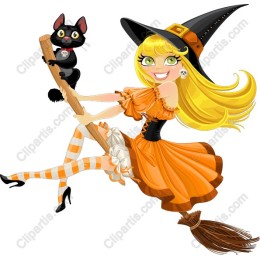 Whimsical Witch on Broomstick with Black Cat