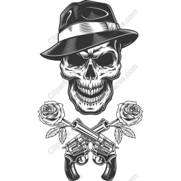 Rebellious Skull with Roses and Revolvers
