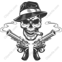 Vintage Gangster Skull with Dual Revolvers