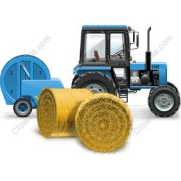Blue Tractor and Hay Bales