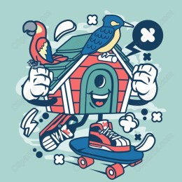 Whimsical Birdhouse with Birds and Skateboard