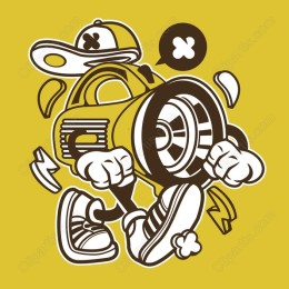 Energetic Cartoon Character with Car Wheel