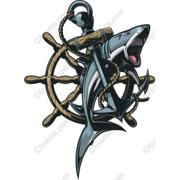 Fierce Shark with Ship Wheel and Anchor