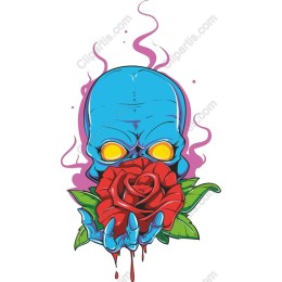 Vibrant Blue Skull with Red Rose