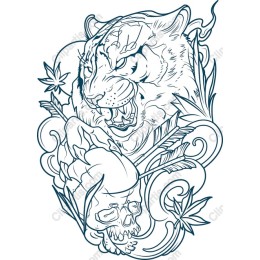 Fierce Tiger with Skull and Floral Elements