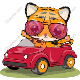 Adorable Cartoon Tiger in a Red Car