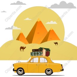 Yellow Car Adventure with Pyramids and Camels