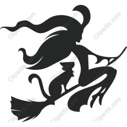 Witch on Broom with Cat Companion