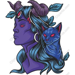 Mystical Horned Woman with Blue Cat